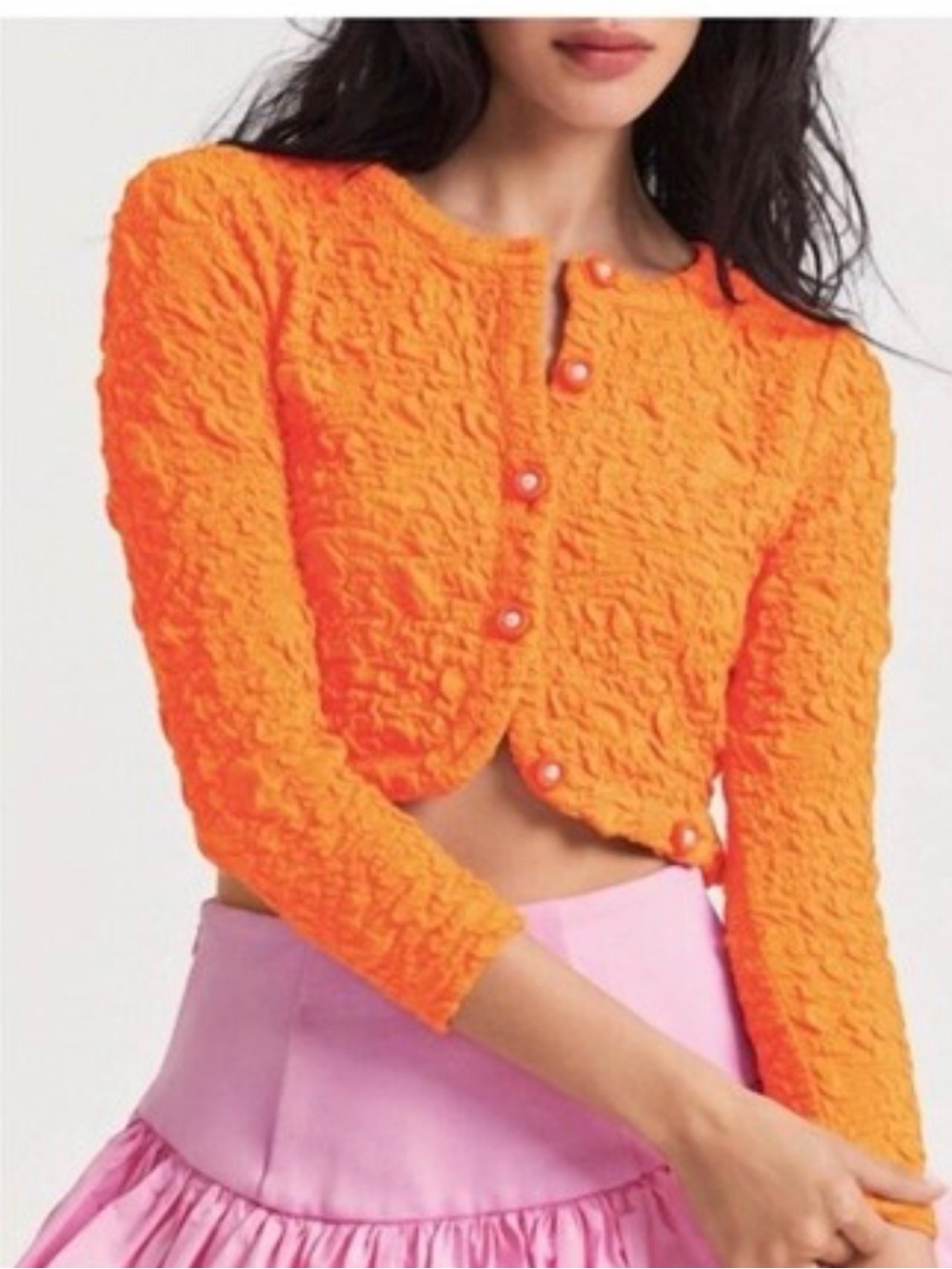 LoveShackFancy Textured Orange Cropped Button Cardigan